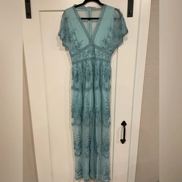 blue altar'd state dress Avec Les Filles Women's Cotton Belted Puffed-Shoulder Dress - Blue Vintage Floral
